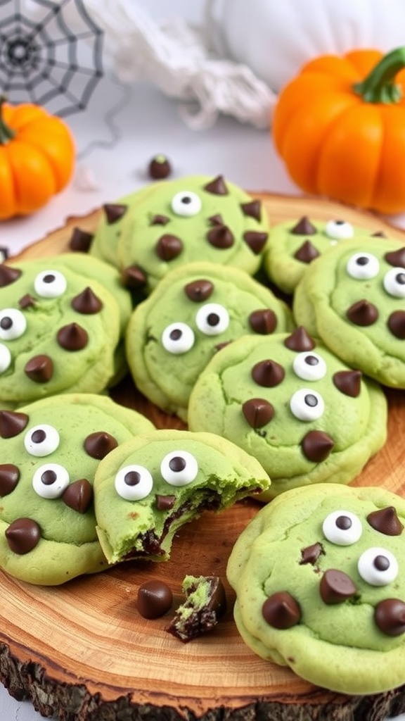 Chewy chocolate chip cookies with green tint and candy eyes, on a wooden platter with Halloween decorations.